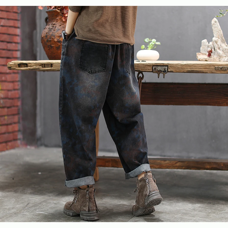 Women Jeans Denim Pants Bottoms Bleached Print Straight Big Loose Oversized Retro Fashion Casual for Autumn Winter AZ46181920