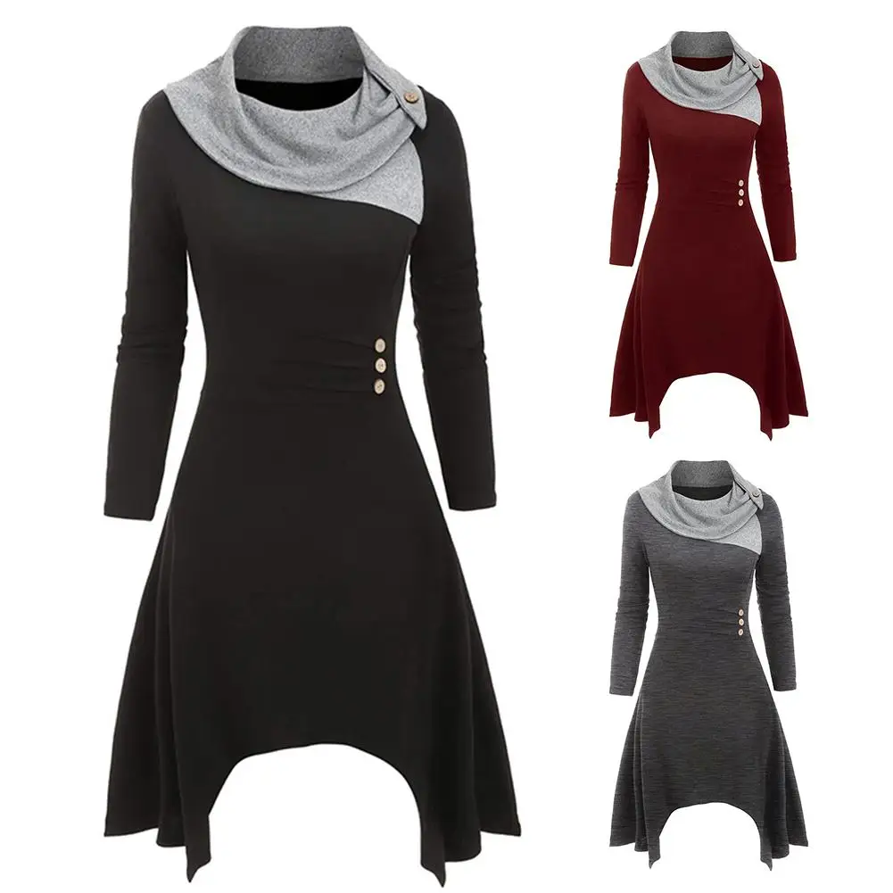 

Plus Size Women Color Block Heap Collar Long Sleeve Irregular Hem Midi Dress