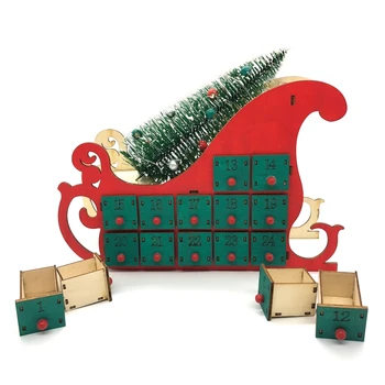 

Tree House Sleigh Wooden Advent Calendar Countdown Christmas Party Decor 24 Drawers with LED Light Ornament