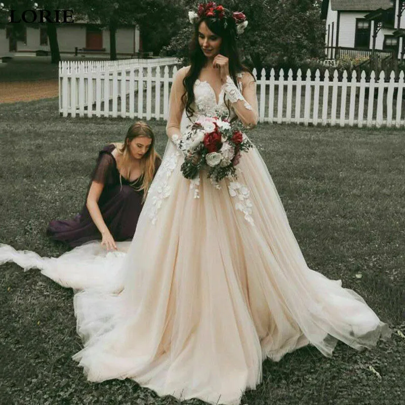 LORIE Champagne EEN Lijn Trouwjurk Lange Mouw Kant Applicaties Wedding Bruid Toga Vestido de novia Boho Bruid Jurk LORIE Champagne EEN Lijn Trouwjurk Lange Mouw Kant Applicaties Wedding Bruid Toga Vestido de novia Boho Bruid Jurk