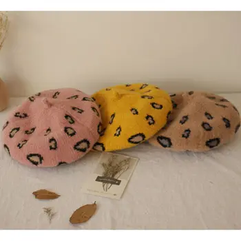

Vintage Kids Baby Girl Berets Hat Children Autumn Winter Warm Woolen Caps French Artist Woollen Hats Girls Leopard Print Berets