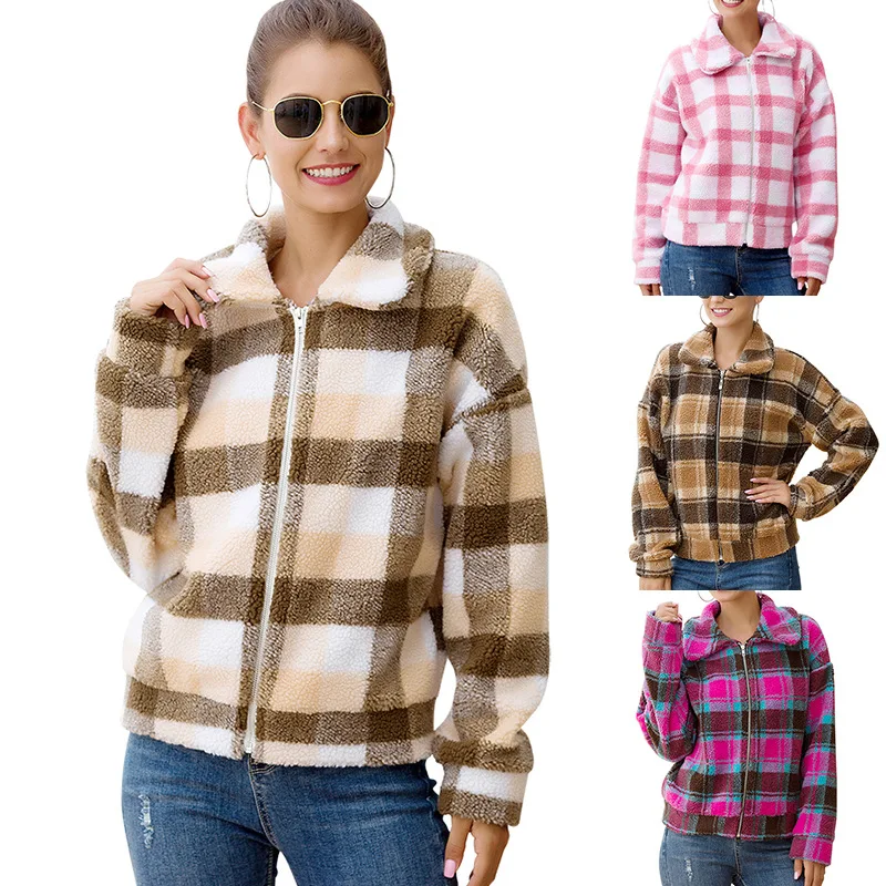 

Stylish Plaid Lamb Wool Coat Woolen Shirt Jackets Women Fashion Pockets Turn-Down Collar Check Zipper Jacket Female Chic Coats