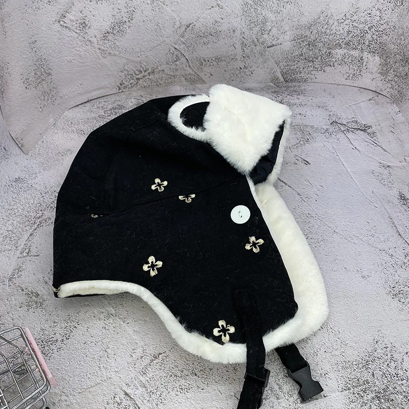 Warm Ear Mask One-piece Cap Female Autumn and Winter Lei Feng Cap Small Flower Embroidery Cute Cat Ear Plush Riding Hat mad bomber leather rabbit fur hat Bomber Hats