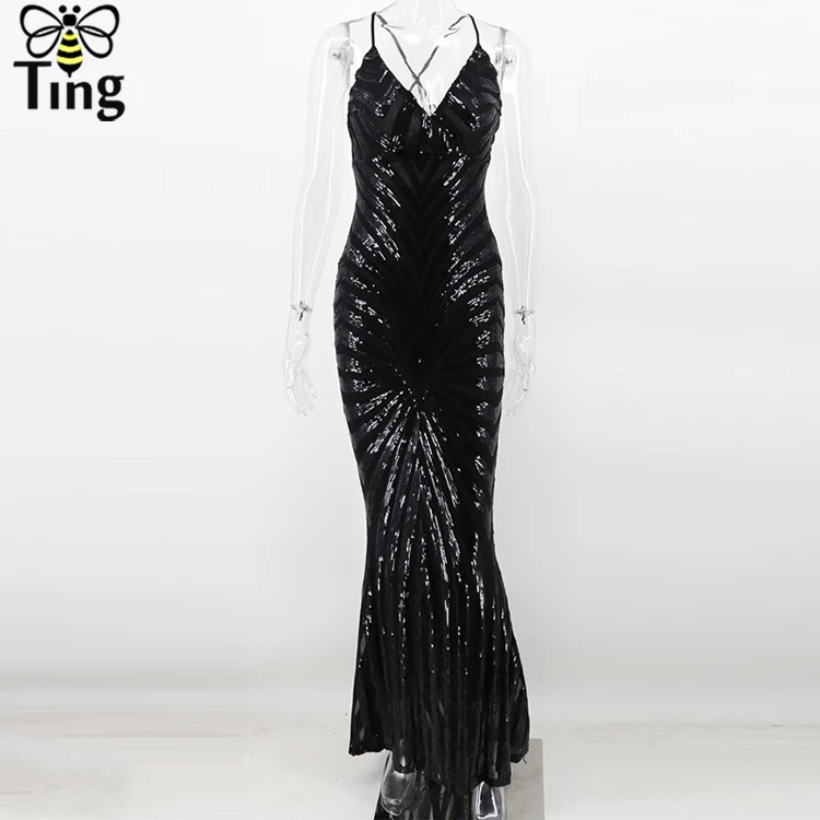Tingfly Sexy V neck Sequines Long Floor Length Party Dresses Open Back Backless Cross Strap Long Luxury Sequined Glitter Dress - Color: Black