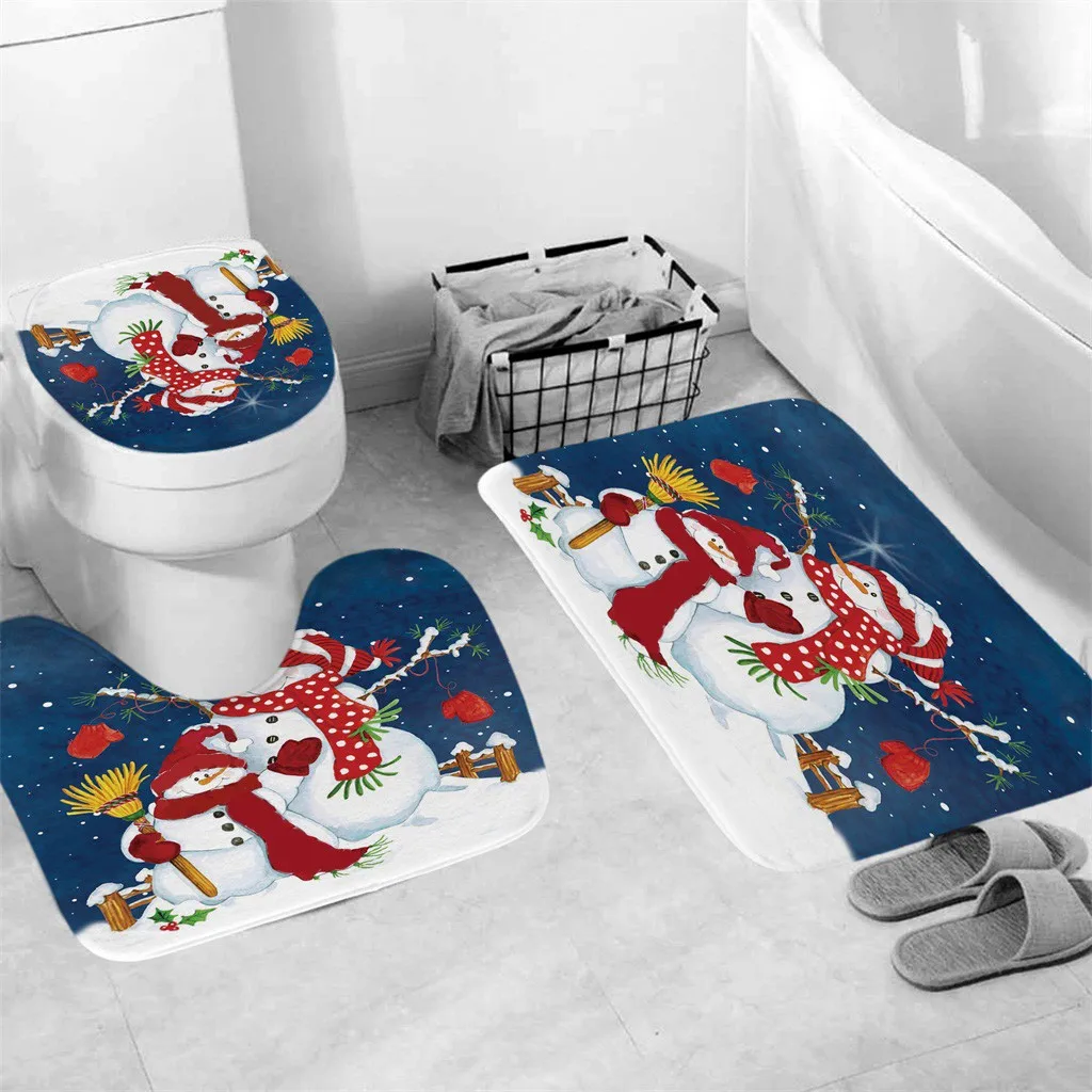 3Pcs/set Christmas Red Gift Bathroom Mat Set Flannel Anti-Slip Kitchen Mat Carpet Bathroom Toilet Rug Washable Shower Curtain