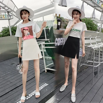 

2020 WOMEN'S Dress Loose-Fit High-waisted Versatile Slit A- line Skirt Students Slimming Sheath Short Skirt Skirt Fashion