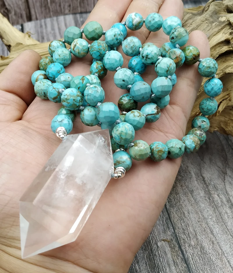 

YA4037 Natural Quartz Point Turquoises Faceted Beads 10mm Handmade Necklace