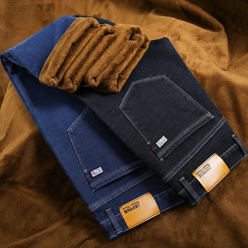 Классические мужские джинсы из плотного флиса, деловые джинсы-стрейч, Осень-зима, новые Брендовые прямые джинсовые штаны черного цвета, плюс размер 44 46
