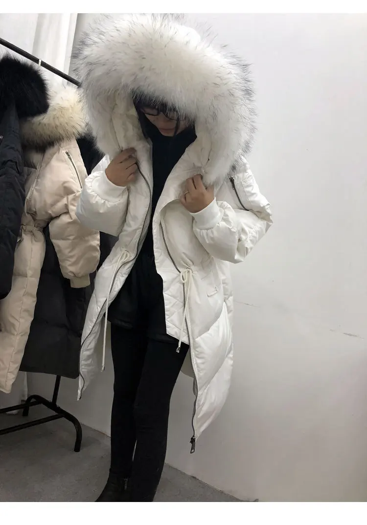 Зима, Южная Корея, Dongdaemun, большой меховой воротник, толстый пуховик средней длины, Женское пальто свободного кроя, большой размер