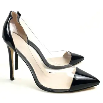 

Women's Black Pointed Toe High Heels Pumps Transparent PVC Stilettos Patchwork Female Footwear Work Party Dress Shoes