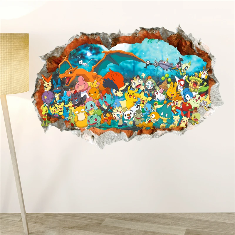 3D effect cartoon Red Pikachu pet elves through wall stickers for kids rooms diy wall art decals decor Pokemon Go game posters