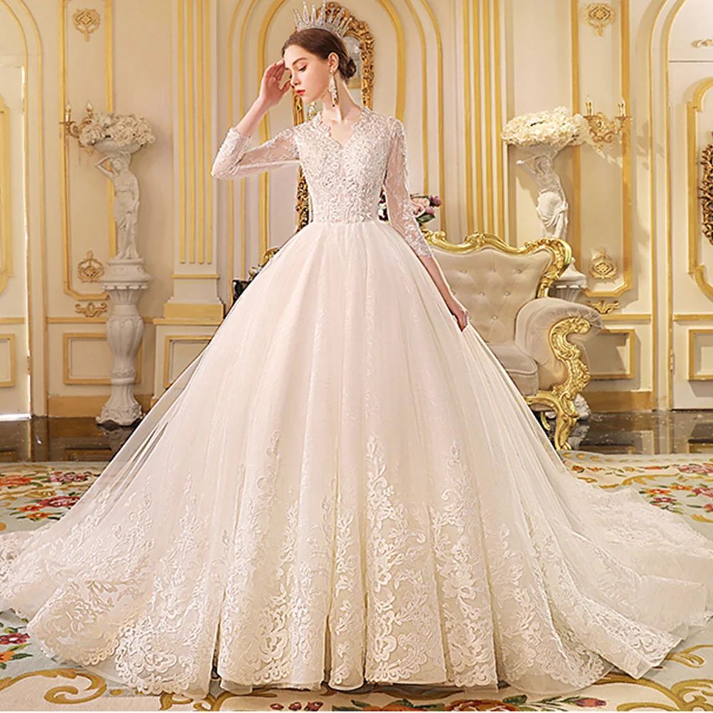 Свадебное платье принцессы трапециевидной формы Vestido Casamento с рукавом три четверти на молнии Свадебные платья с бисером Sukienki