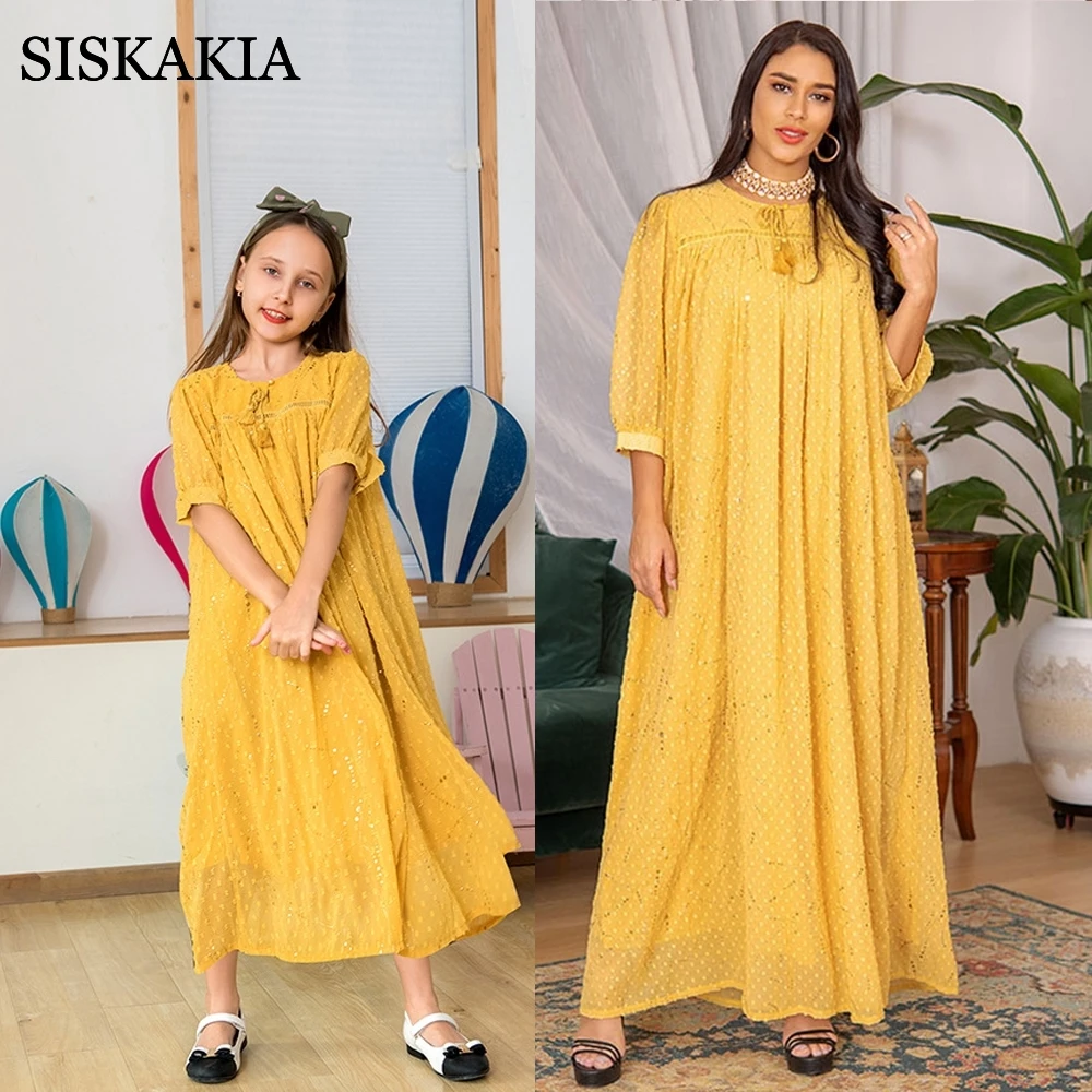 Женское платье для матери и дочки Siskakia с золотыми помпонами в этническом стиле