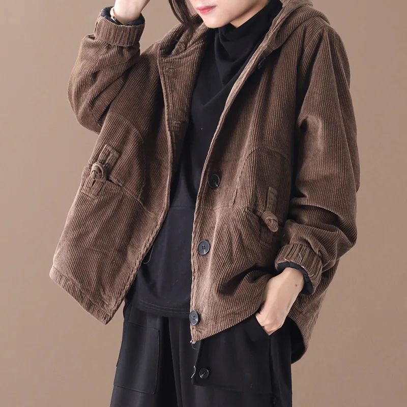 

Fall And Winter Clothes 2019 New Style Korean-style Loose And Plus-sized Literature And Art Retro Hooded Frog Corduroy Cotton-pa