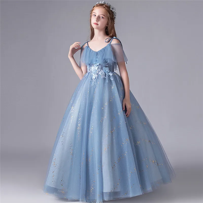 blue long dress Детское роскошное пышное платье принцессы для дня рождения и торжества; пышное платье для выпускного вечера; модельные костюмы для девочек - Цвет: blue long dress