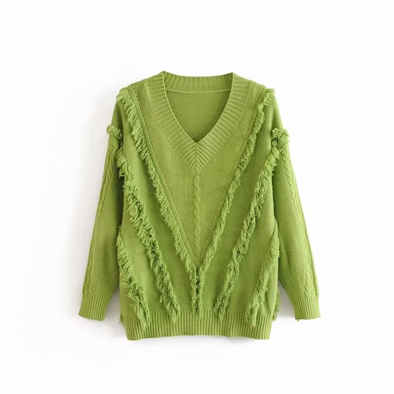 

MY610 European Design V Neck Solid Color Long Sleeve Tassels Deco Fashion Sweater Pullovers