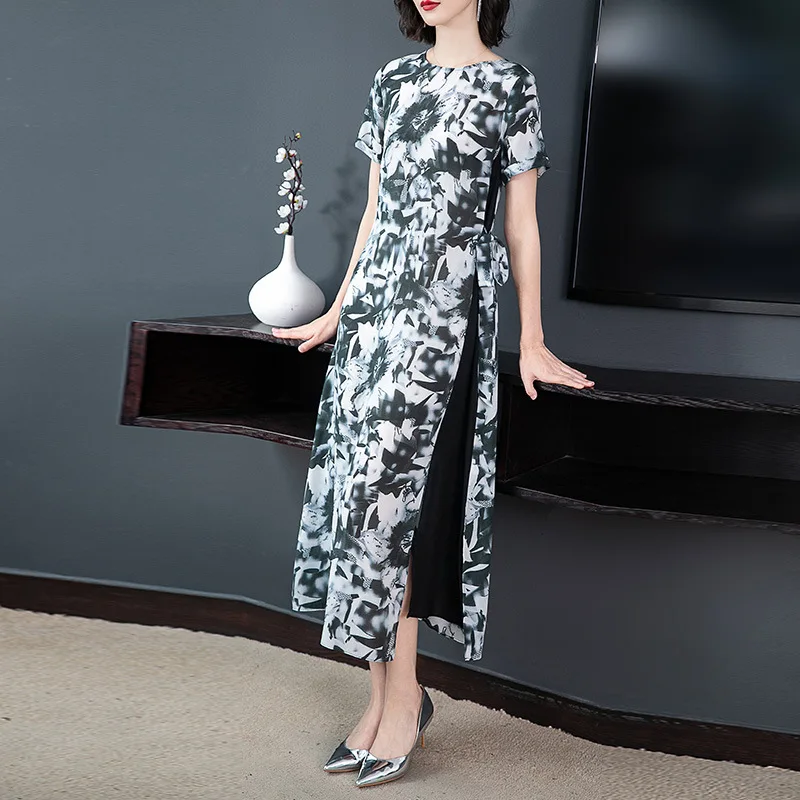 

Dress Women's Slim Fit Lace-up 2019 New Style Summer Printed Elegant Crepe-de-chine Faux Silk over-the-Knee Long Skirts Women's