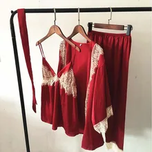 Женский халат, платье, набор, сексуальный кружевной длинный рукав, без рукавов, брюки, 3 штуки, женский халат, одежда для сна, костюм, домашняя одежда для женщин, новинка