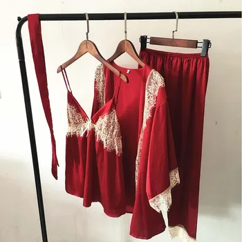 

Women Robe Gown Set Sexy Lace Long Sleeve sleeveless Pants 3 Pieces Female bathrobe Sleepwear Suit Home Wear for women 2020 new