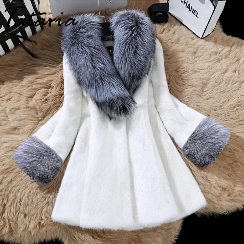 Tataria, высококачественное пальто из искусственного меха для женщин, воротник из лисьего меха, женская зимняя теплая длинная шуба, Женская Толстая Повседневная плюшевая куртка