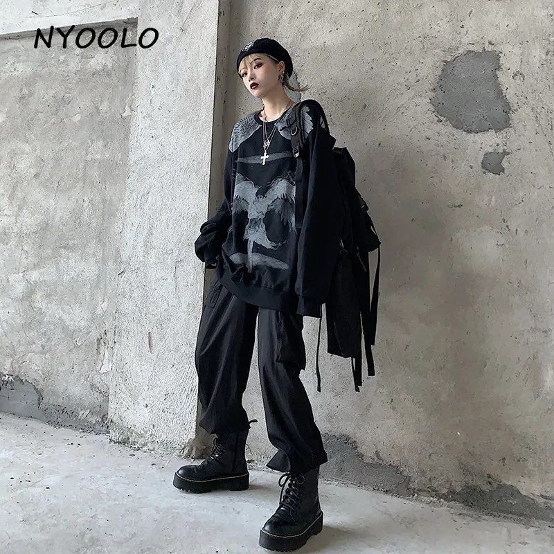 NYOOLO Harajuku стиль Винтаж Крылья девушка печати толстовка осень уличная свободная длинный рукав o-образным вырезом пуловеры Толстовка для женщин и мужчин