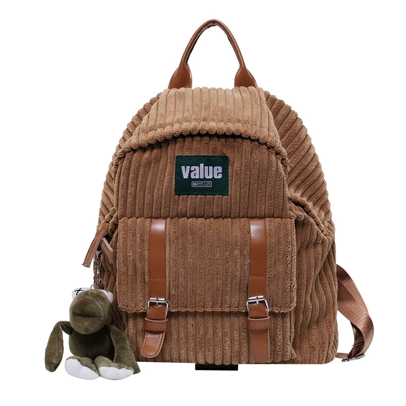 Mochila de pana a rayas para mujer, bolso de tela suave con correa de cuero, mochila escolar para chicas de universidad, bolsa de viaje pequeña
