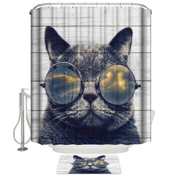 

British Bobtail Cat Wearing Sunglasses Cool Shower Curtain Set and Anti-slip Floor Mat Outdoor Rugs