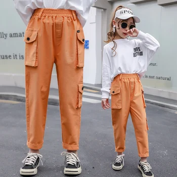 

Girl Casual Pants Fashion High Waist Cargo Pants for Girls Orange Kids Clothes Spring Trousers Cotton Solid Color Pockets Pants