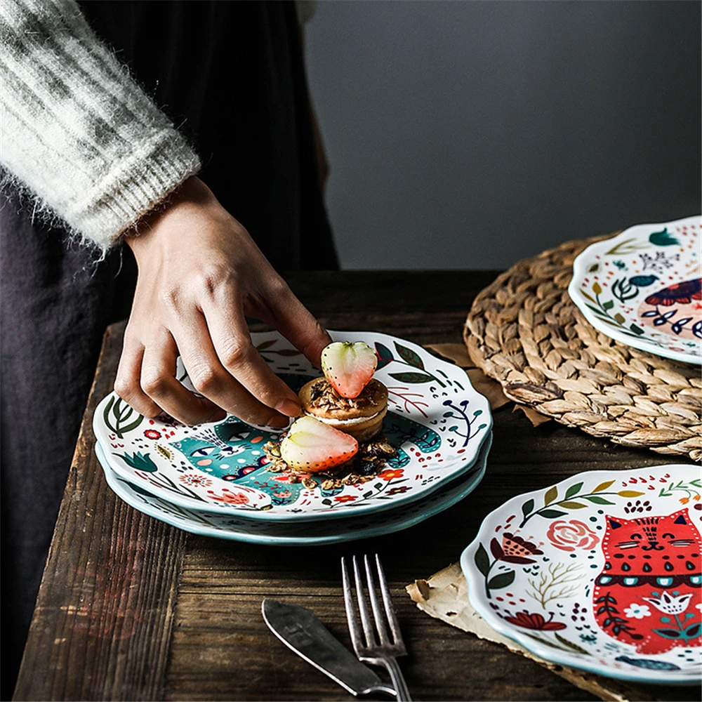 US $149.98 12pcsLot Ceramic Plate 8 Inch Round Dishes Cartton Cat Plate Hand Paintedtableware Dinner Plates Dessert Plate Steak Tray Sets