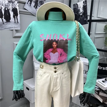 

Streetwear Fashion Character Turtleneck T Shirt for Women Winter Wintage Long Sleeve Warm Shirt Women Sexy Tops for Women