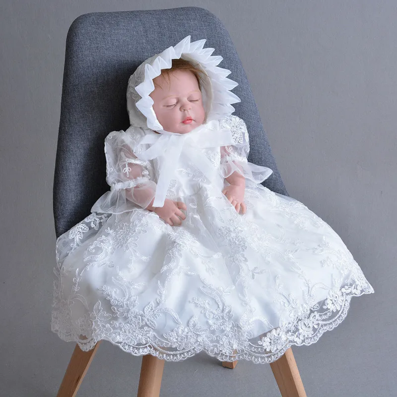 

White Baby Infant Lace Applique Girls Christening Dress Baptism Gown Lace Applique O-Neck Baby Christening Gown