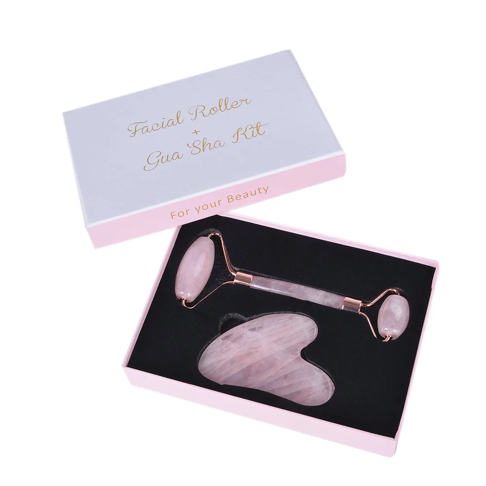 

1Set Pink Natural Jade Board with box Stone Gua Sha Set Quartz Face Massager Roller Anti Aging Massage for Back Body Neck
