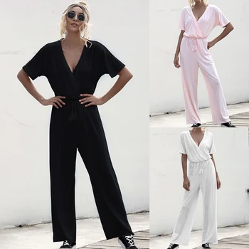 

Women Jumpsuit Sexy Short Sleeve V Neck Playsuit Casual Long Jumpsuit Wide Leg Pants Trousers