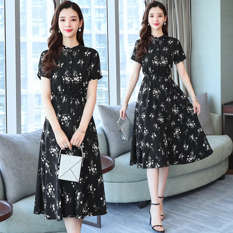 

2019 Summer Wear New Style Korean-style Floral-Print Chiffon Normcore Style over the Fire of Short Sleeve Long Dress Women's
