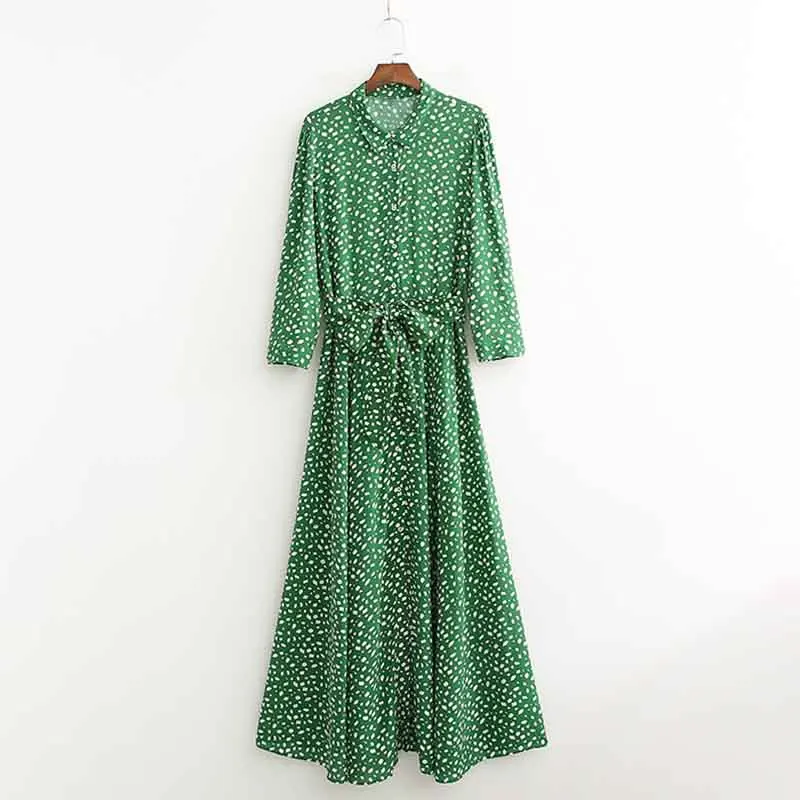 Женское весеннее платье с отложным воротником и длинным рукавом в зеленый