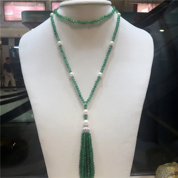 Hand knotted long natural green stone white freshwater pearl micro inlay zircon clasp tassel necklace fashion jewelry