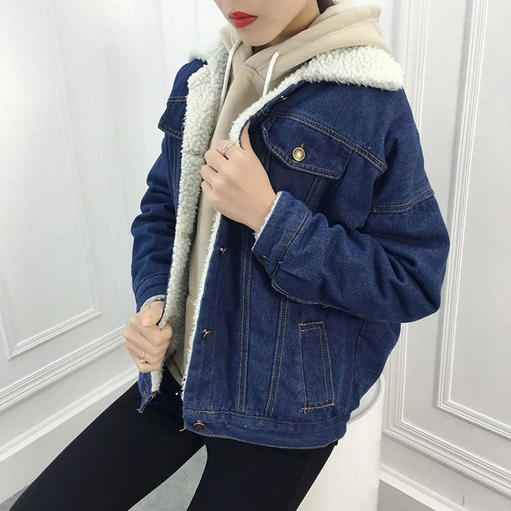 Зимняя женская синяя джинсовая утепленная куртка флисовое джинсовое пальто Верхняя одежда в стиле панк с меховым воротником Женская верхняя одежда Большие размеры Зима