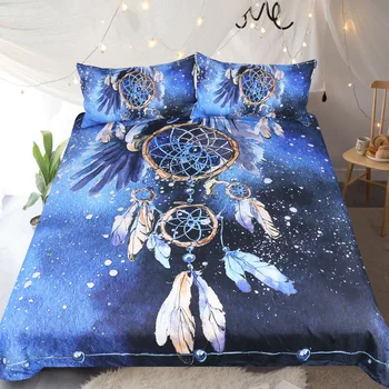 

Bohemian Dream Catcher Bedding Sets Blue Background Feather Duvet Cover Set Printing 100% Cotton Comforter Bedding Sets King
