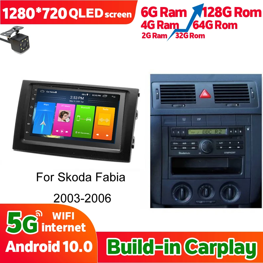 128GB ROM Car Radio For Skoda Fabia 2003 2006 Android 10.0 Multimedia Stereo Player GPS