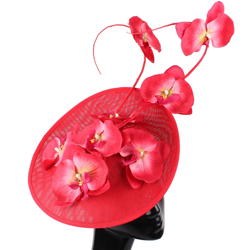 Элегантные женские вечерние головные уборы millinery derby, ярко-розовые головные уборы, вуалетки с красивым цветочным декором, Великолепные женские головные уборы - Цвет: Красный