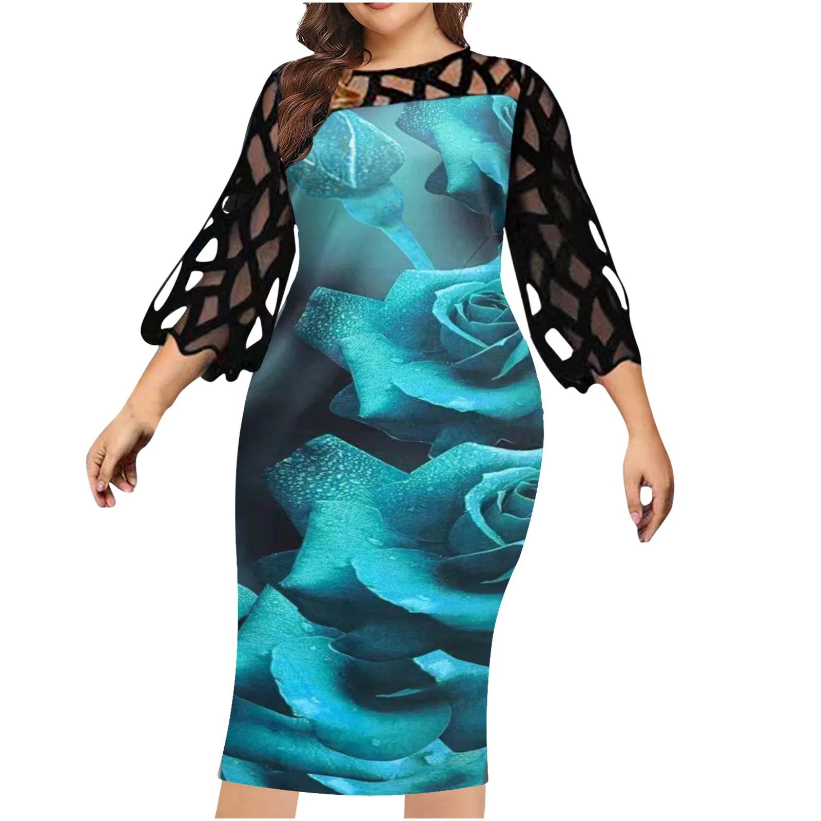 Fashion Summer Dress Women Plus Size Women Clothing Printed Lace Patchwork O-neck Long Sleeve Long Dresses Midi Jurk 2021 2