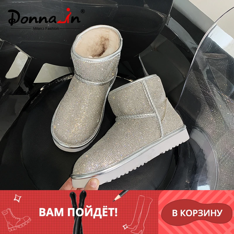 

Donna-in Woman Snow Boots Flat Platform Winter Shoes Ankle Warm Wool Low heels Ladies Chaussur Slip On For Women With Rhinestone