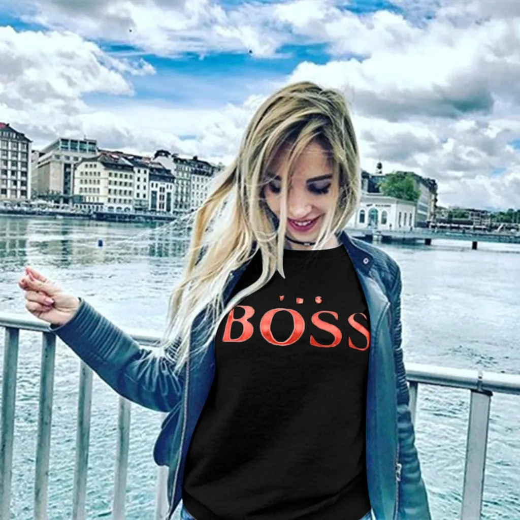 Да, с надписью Boss Harajuku свитшот с принтом плотный детский пуловер с О-образным вырезом, Для женщин толстовка женская Повседневное пальто S3