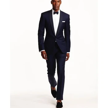 

2020 Navy Blue Business Men Suits for Groom Wear Shawl Lapel One Button Skinny Style Two Piece Wedding Tuxedos (Jacket + Pants)