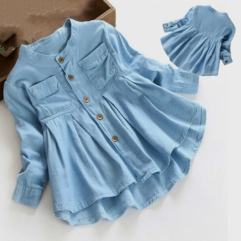 Baby Cute Shirt New Spring Autumn Girl Solid Color Stand Collar Girl Blouse Long Sleeve Tops For Kids Baby Girl Clothes - Цвет: Синий