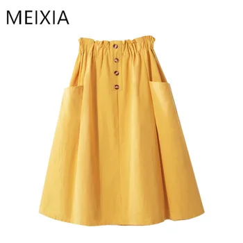 

Spring Summer High-waist Cotton Yellow Skirts Womens 2020 Double-pocket Button Knee-length Autumn Black Skirts Womens Jupe Femme