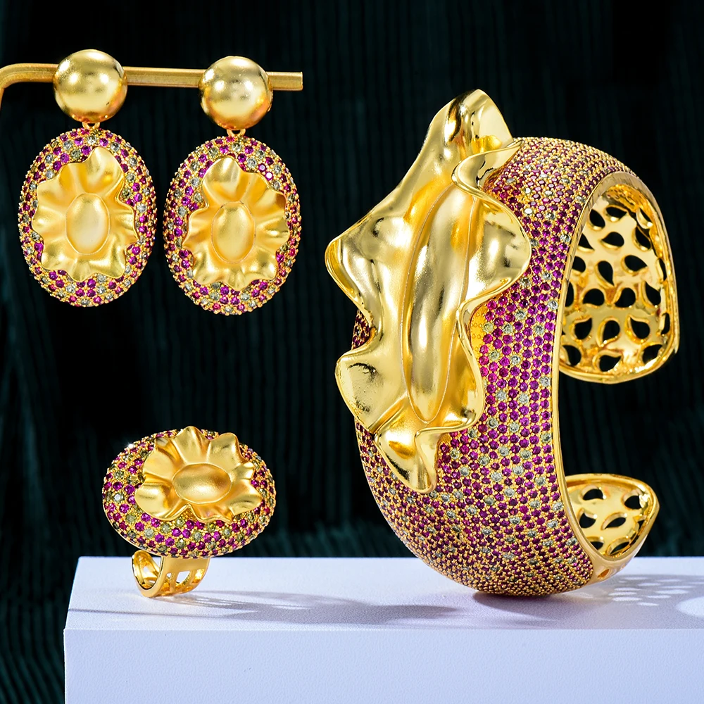 Brand New Red Green Blue Surface Alloy Cuff Dubai Luxury Necklace Wide Bangle Earrings Ring Jewelry Set Wedding High Quality