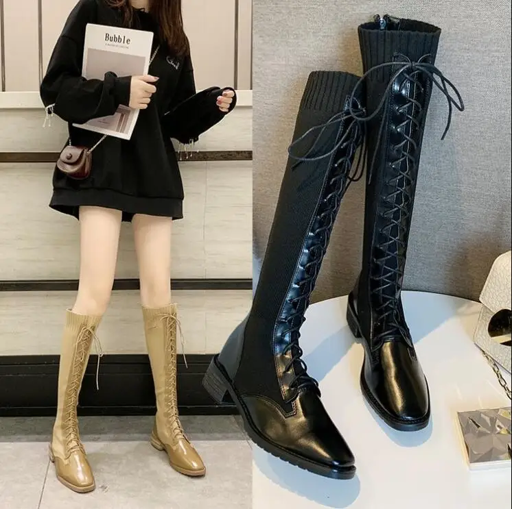 

Knee High Boots Women Shoes Woman Boots Fashion Flat Square Head Boots 2019 Winter New Breathable Comfortable Stretch Boots X368
