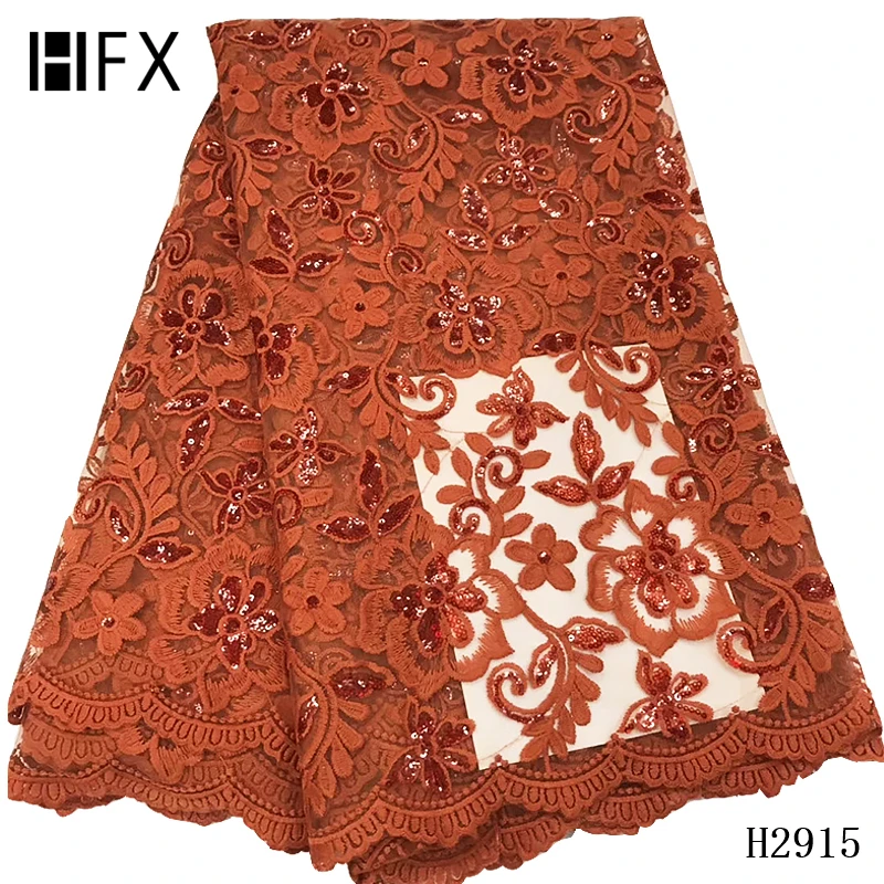 

HFX Latest African Net Lace French Sequin Fabric High Quality Orange Tulle Lace Fabric With Sequins Nigerian Lace Fabrics F2915