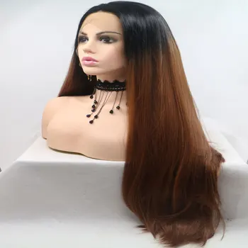 

Black To Dark Borwn Ombre Long Straight High Temperature Fiber Synthetic Lace Front Wigs With Natural Hairline For Women Wigs